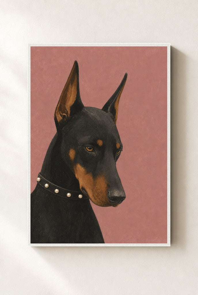 Doberman, Pearls print, mounted in a white wood frame on a cream wall.