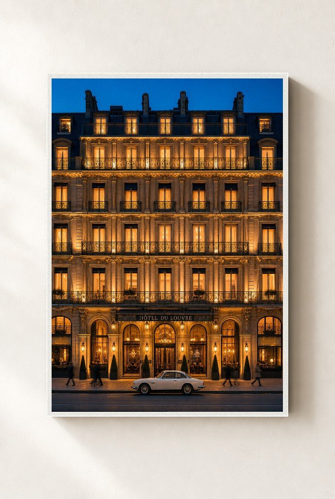 Last Car at the Louvre, framed, white