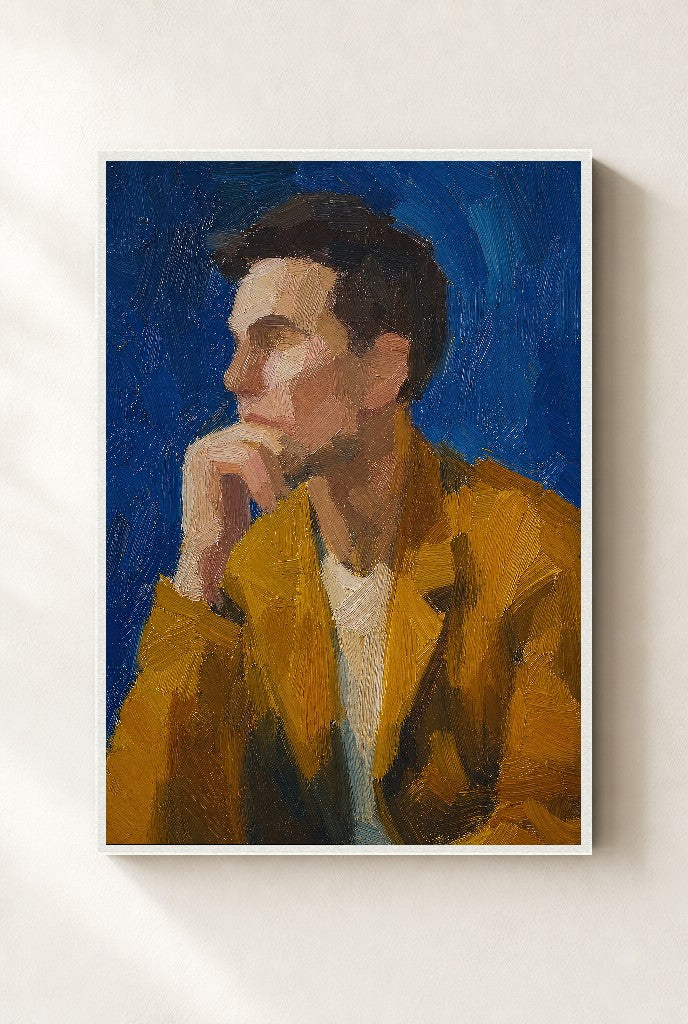 Mustard Jacket, Blue, framed close-up, white