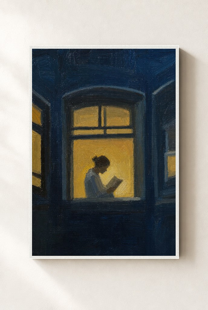 Blue Night, Reader, framed close-up, white