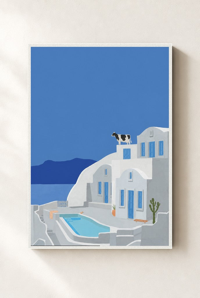 Santorini, Solo print, mounted in a white wood frame on a cream wall.
