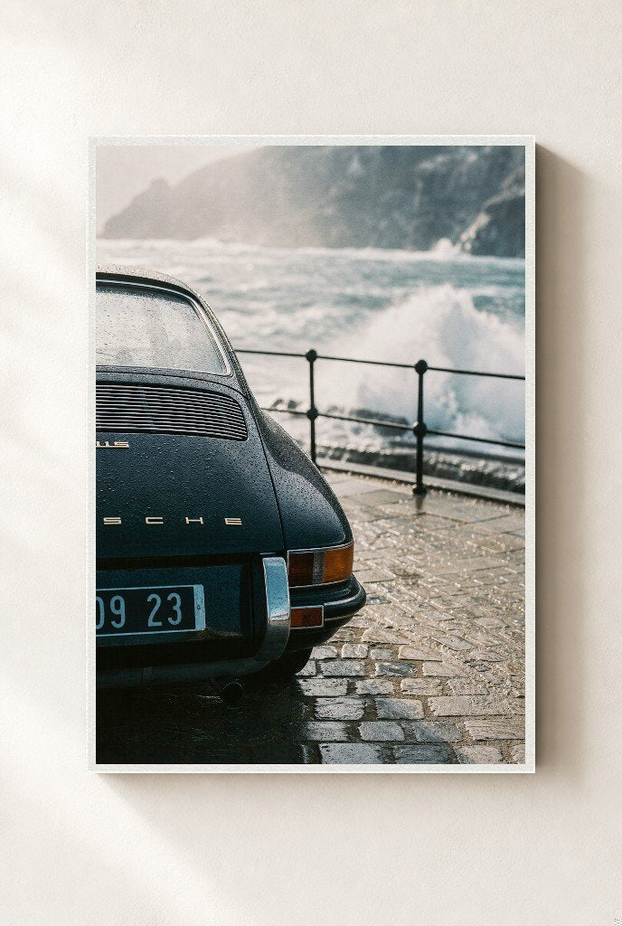 Porsche, Parked in the Spray, framed, white