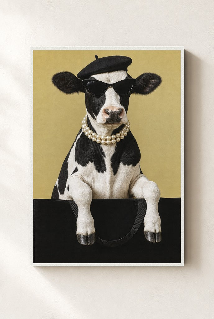 Pearls and a Beret print, mounted in a white wood frame on a cream wall.