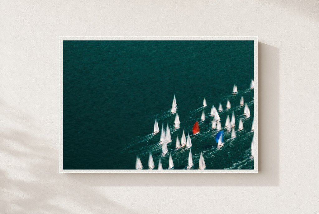One Red Sail, framed, white