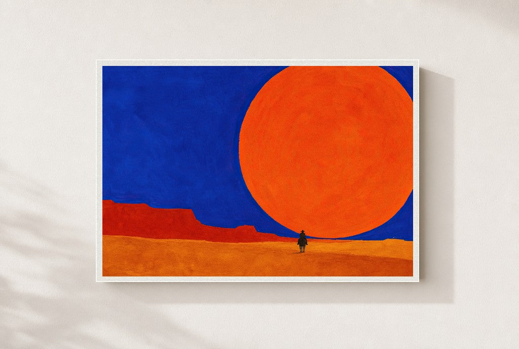 Small Rider, Big Sun, framed close-up, white