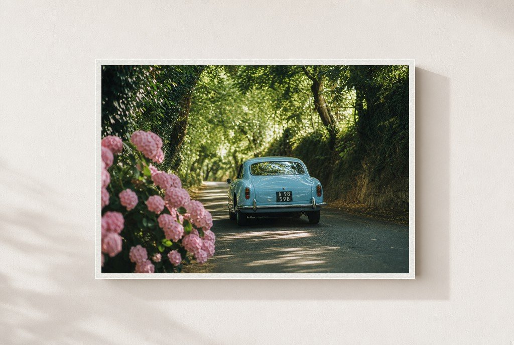 Blue Car, Pink Bloom, framed, white