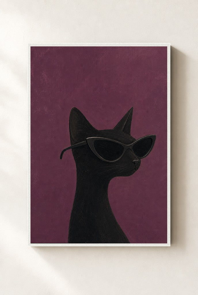Black Cat, Cat-Eye print, mounted in a white wood frame on a cream wall.