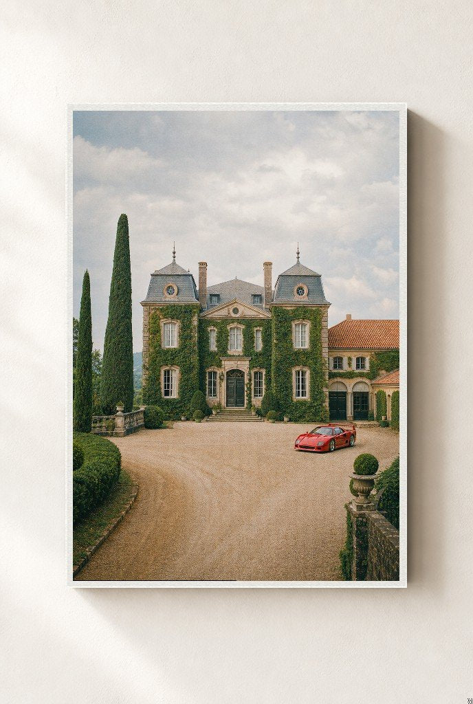 Red Car, Stone Chateau, framed, white