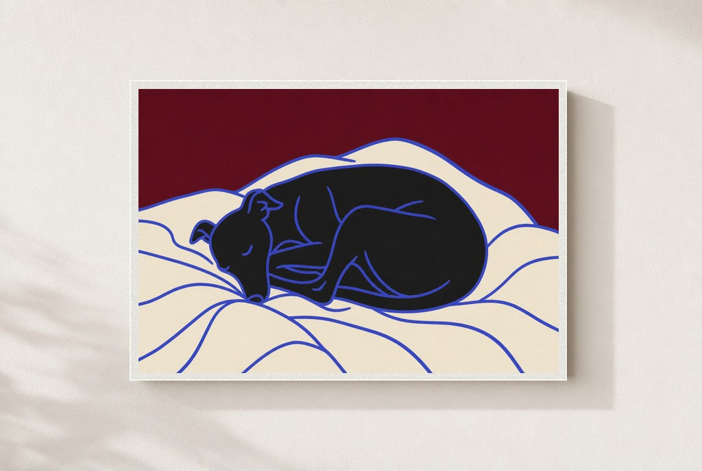 Sleeping Greyhound print, mounted in a white wood frame on a cream wall.