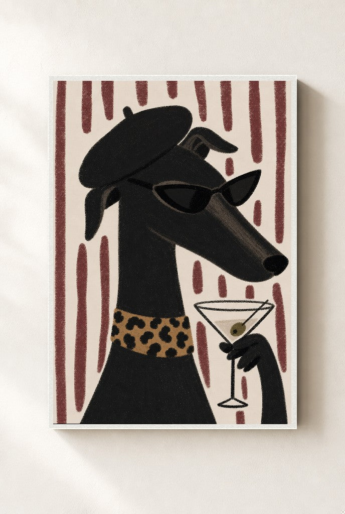 Greyhound, Beret, Martini print, mounted in a white wood frame on a cream wall.