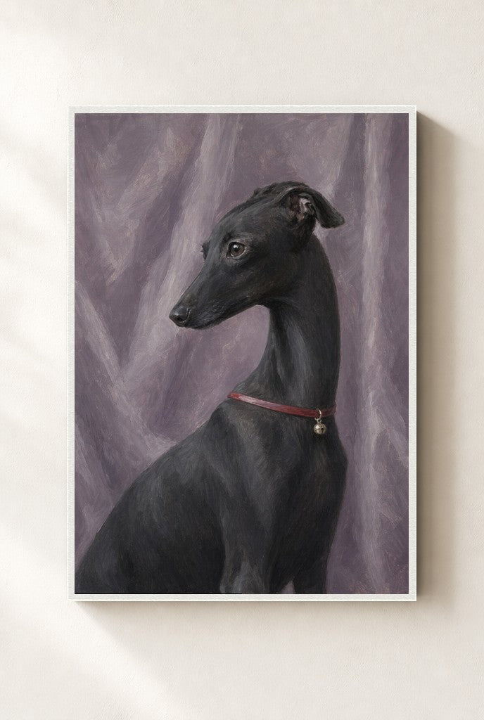 Black Greyhound, Red Collar print, mounted in a white wood frame on a cream wall.
