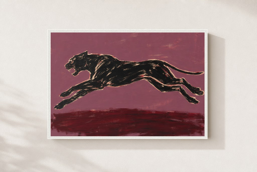 Black Panther, Plum print, mounted in a white wood frame on a cream wall.