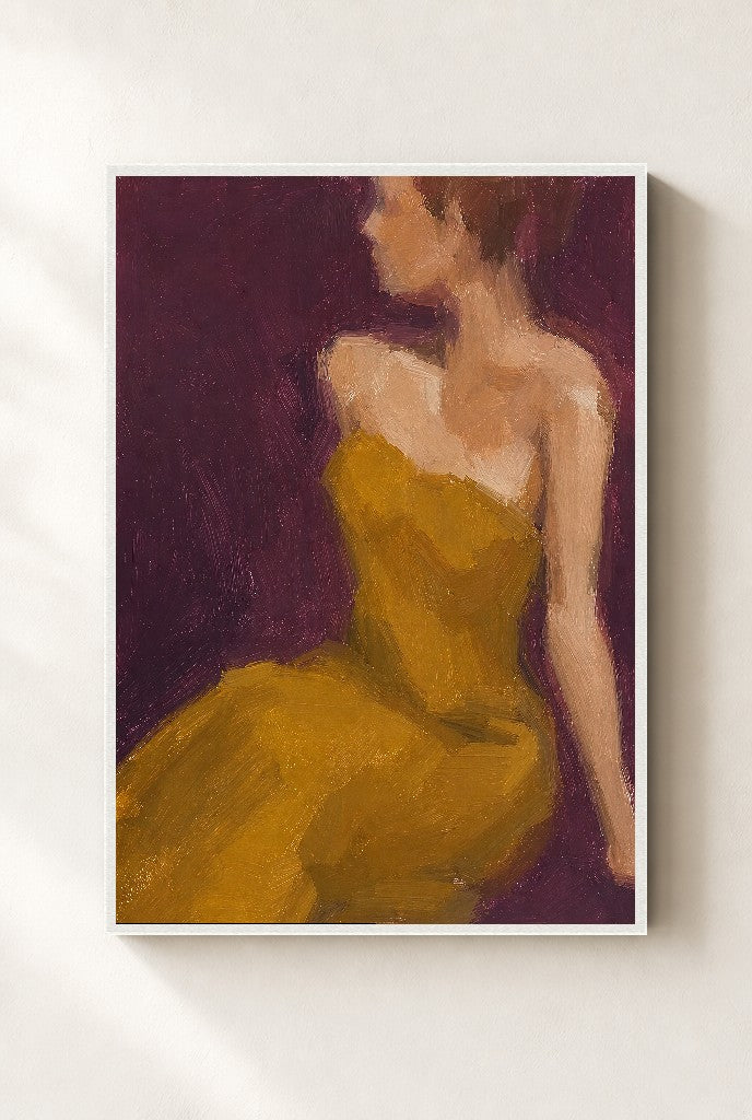 Mustard Dress, Plum, framed close-up, white