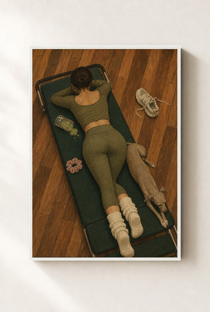 Pilates Mat, Greyhound print, mounted in a white wood frame on a cream wall.