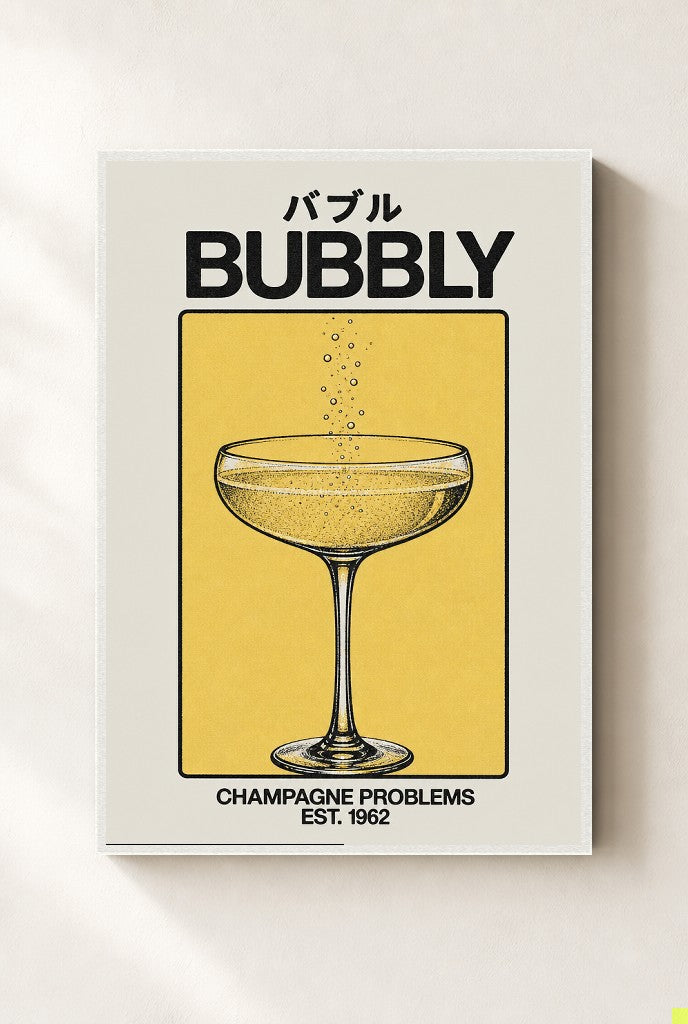 Champagne Problems print, mounted in a white wood frame on a cream wall.