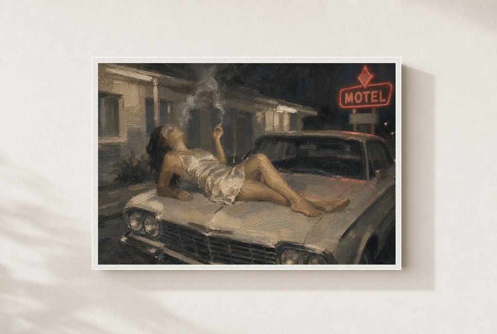Slip and the Motel Sign, framed close-up, white