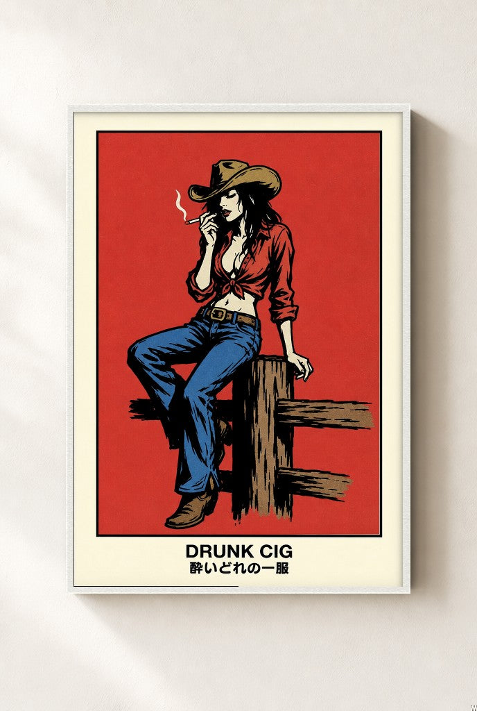 Drunk Cig print, mounted in a white wood frame on a cream wall.