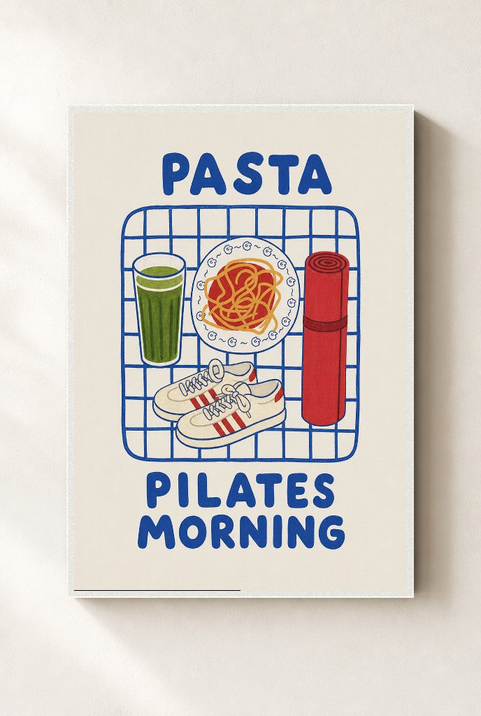 Pasta Pilates Morning print, mounted in a white wood frame on a cream wall.