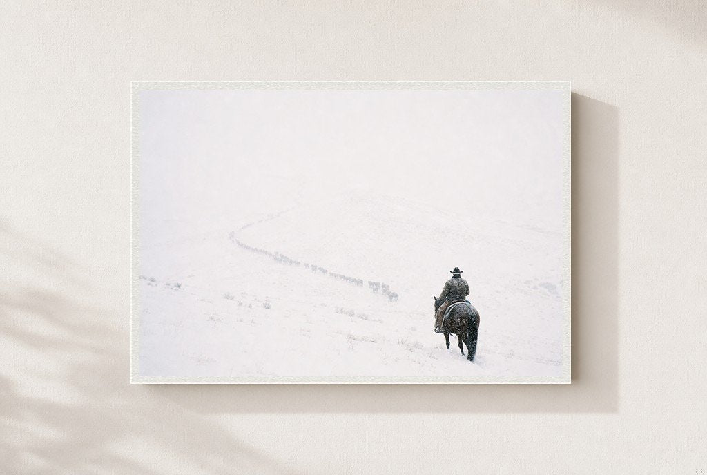 Rider in the Whiteout, framed, white