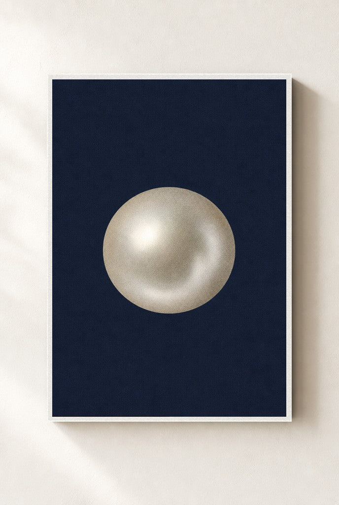 One Pearl, Navy print, mounted in a white wood frame on a cream wall.