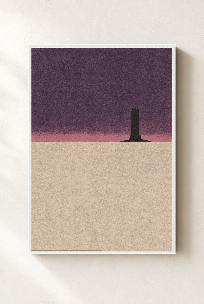 Lone Tower, Pink Sky print, mounted in a white wood frame on a cream wall.
