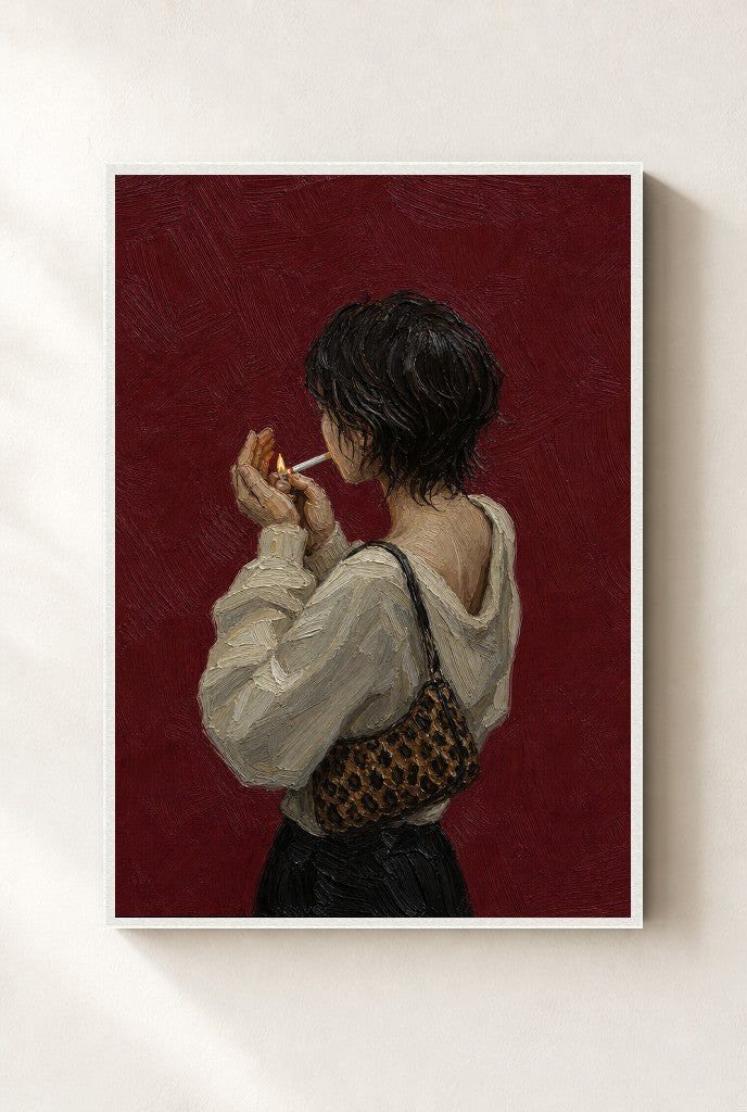 Lighting Up, Leopard Bag print, mounted in a white wood frame on a cream wall.
