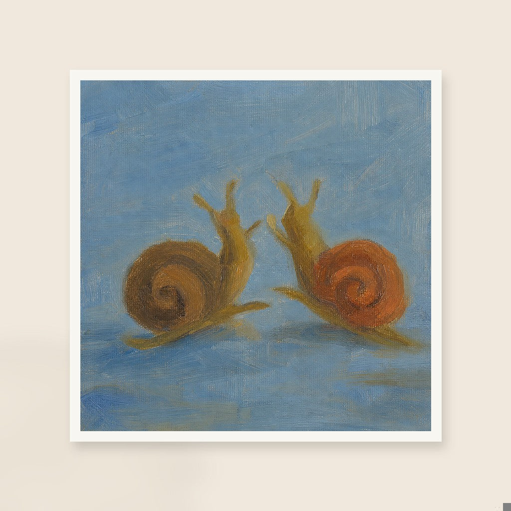 Two Snails, framed close-up, white