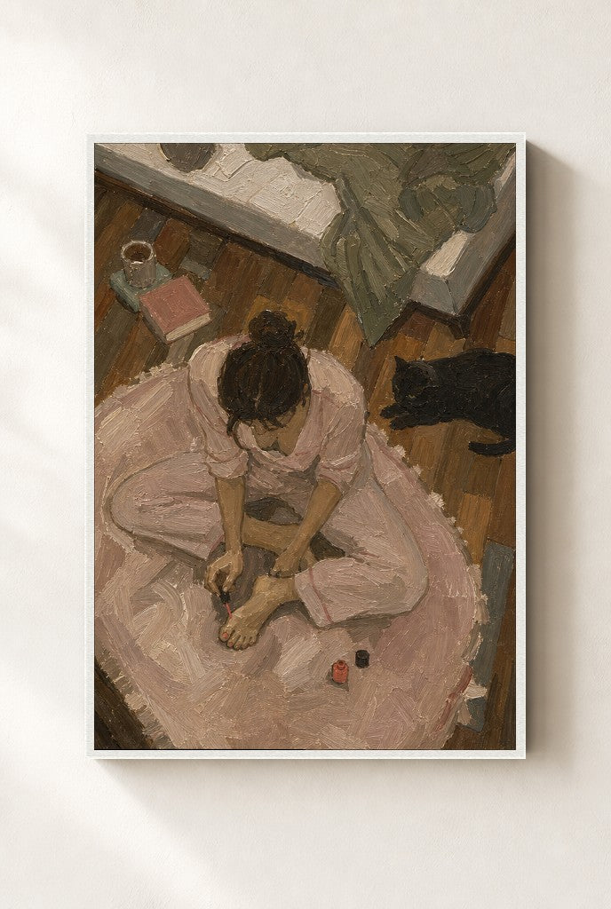 Painted Toenails, Black Cat print, mounted in a white wood frame on a cream wall.