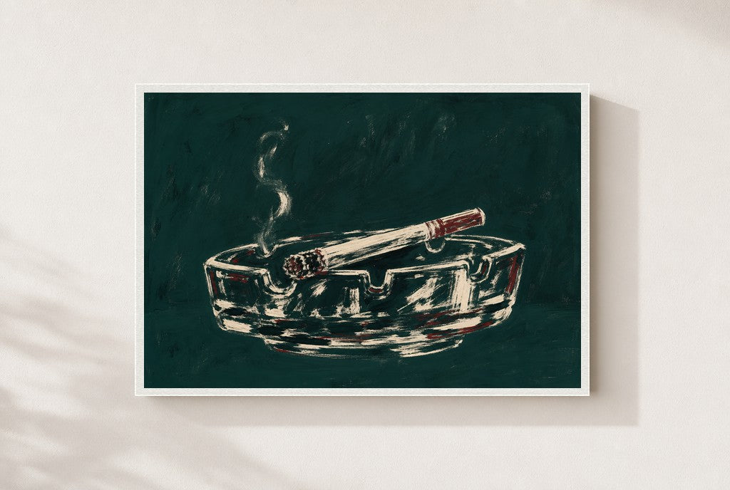 Ashtray, Teal print, mounted in a white wood frame on a cream wall.