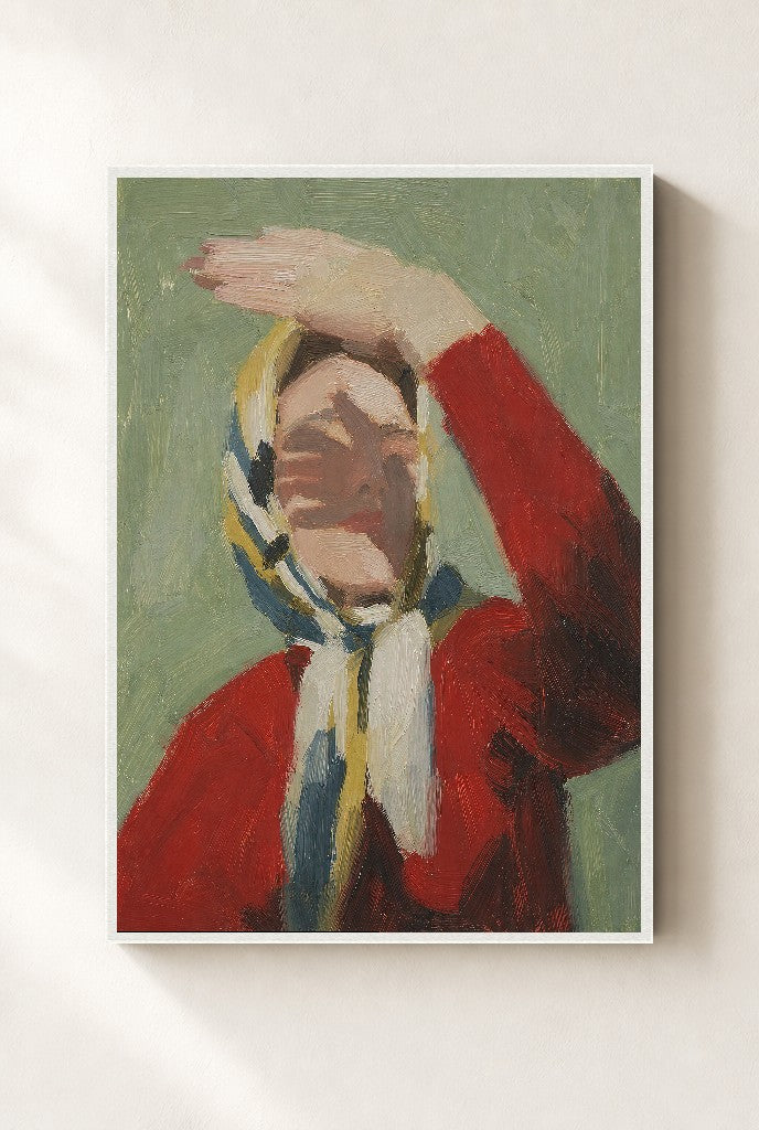 Red Jacket, Sage, framed close-up, white