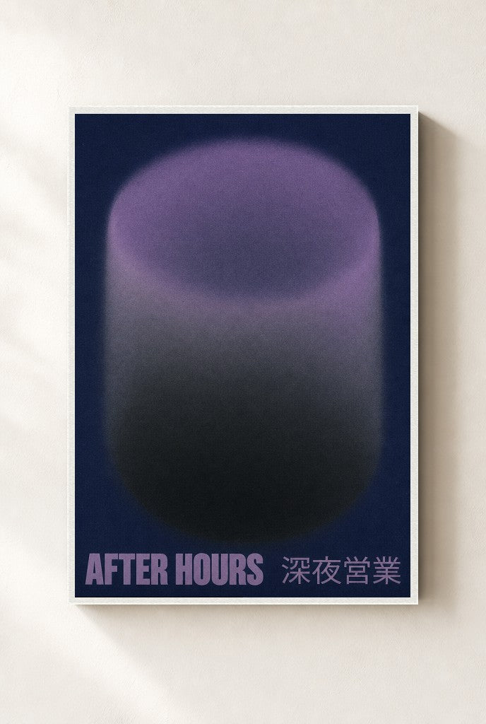 After Hours, Purple print, mounted in a white wood frame on a cream wall.
