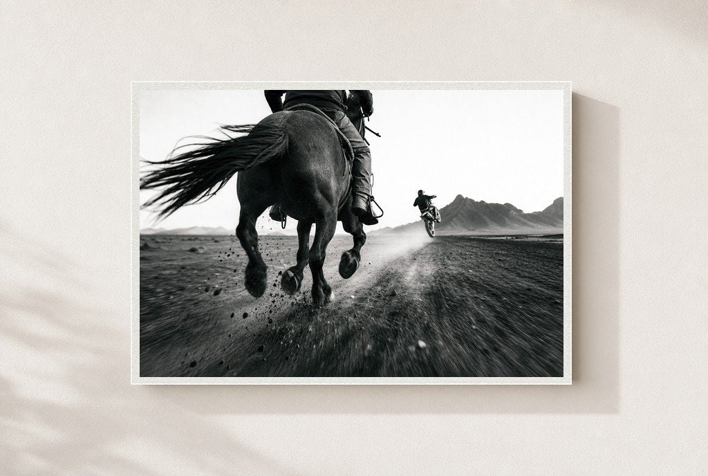 Outrun the Engine, framed, white