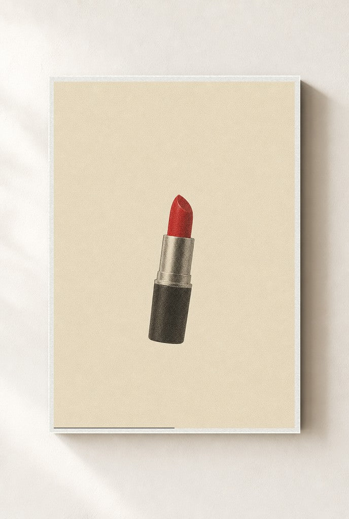 One Lipstick, Cream print, mounted in a white wood frame on a cream wall.