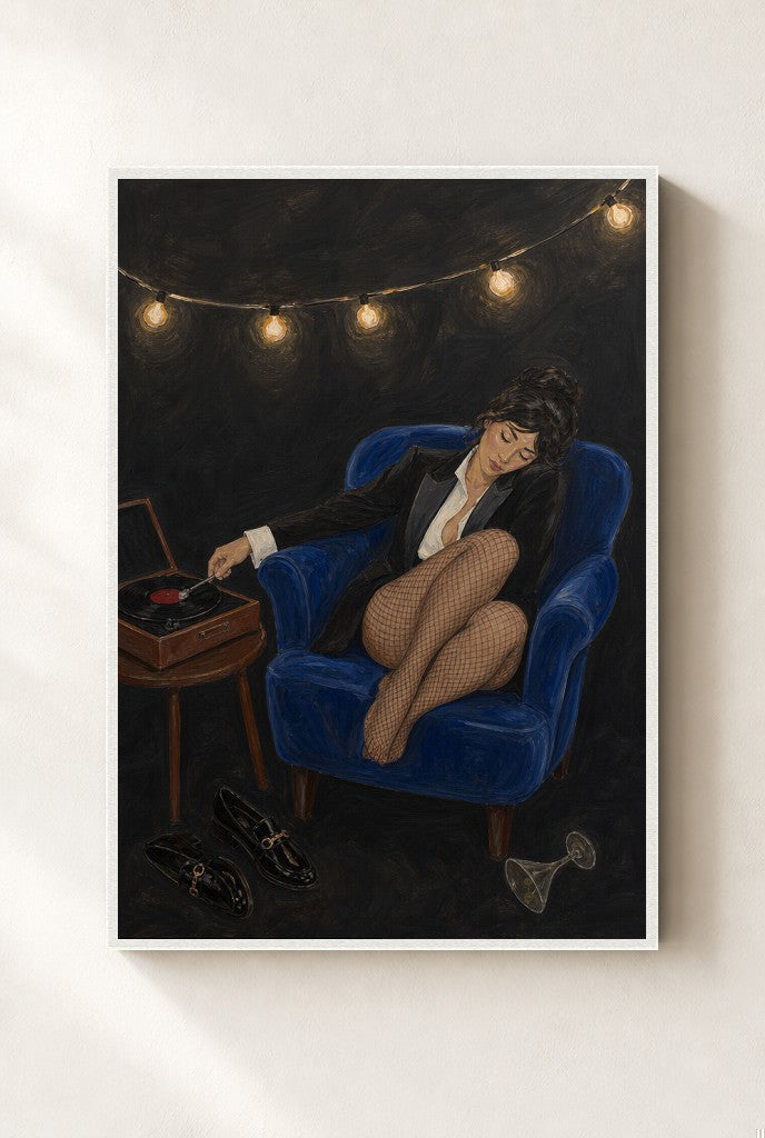 Tux, Vinyl, Cobalt print, mounted in a white wood frame on a cream wall.