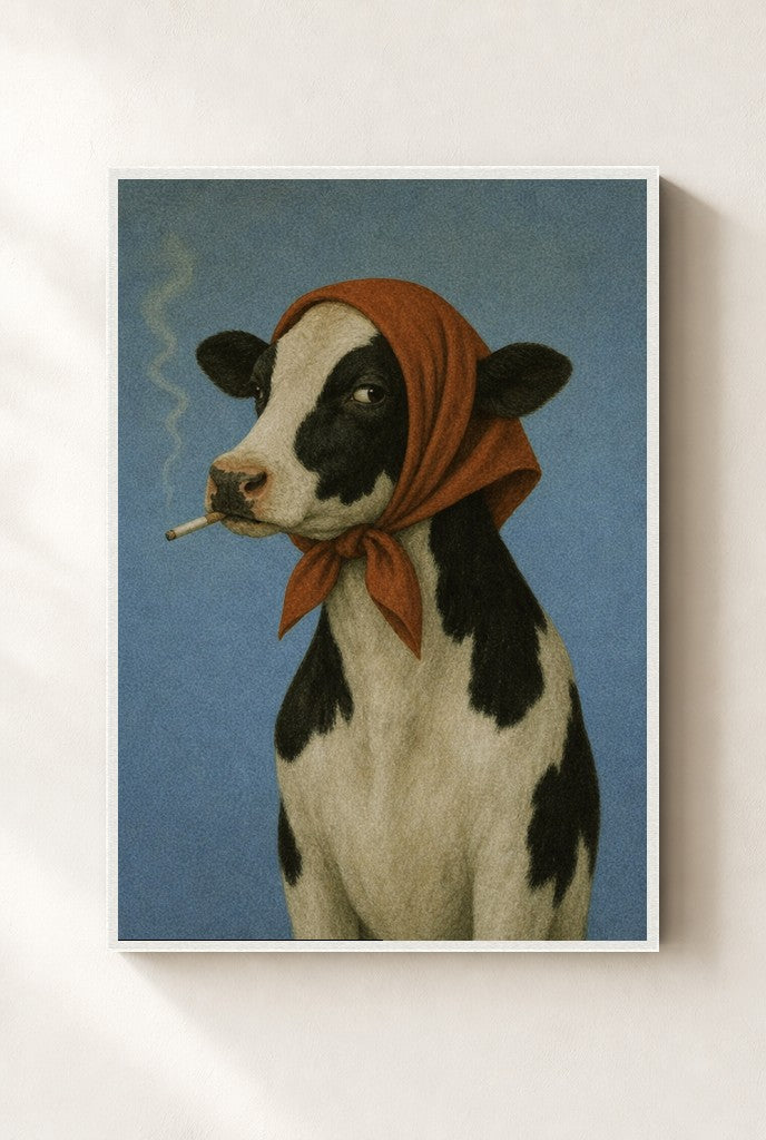Smoke Break, Headscarf print, mounted in a white wood frame on a cream wall.