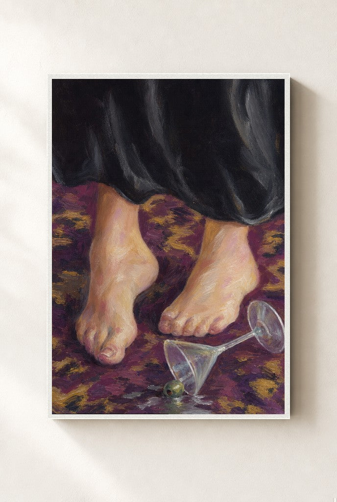 Bare Feet, Spilled Martini print, mounted in a white wood frame on a cream wall.