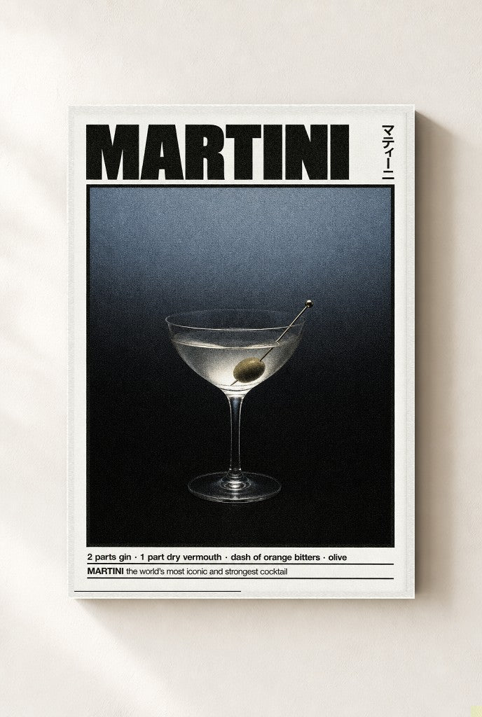 Martini Recipe print, mounted in a white wood frame on a cream wall.
