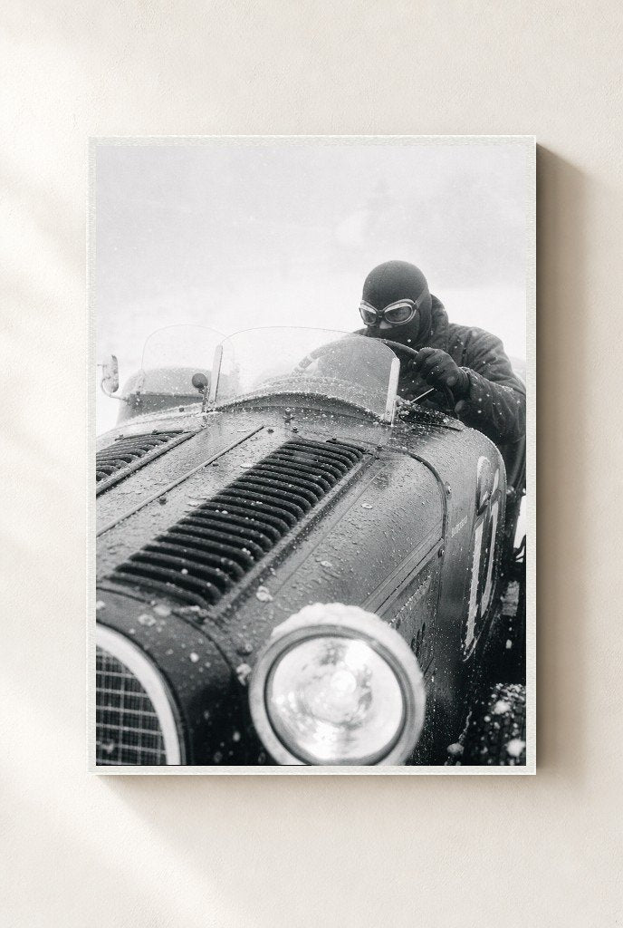 Snow Behind the Wheel, framed, white