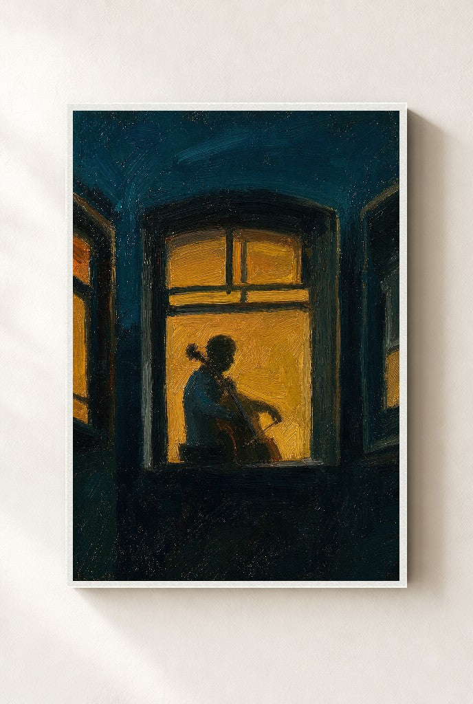 Teal Night, Cellist, framed close-up, white