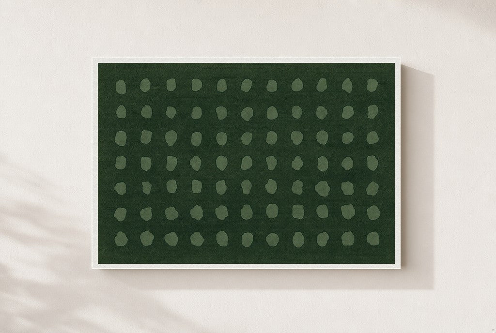 Sage Dots, Forest print, mounted in a white wood frame on a cream wall.