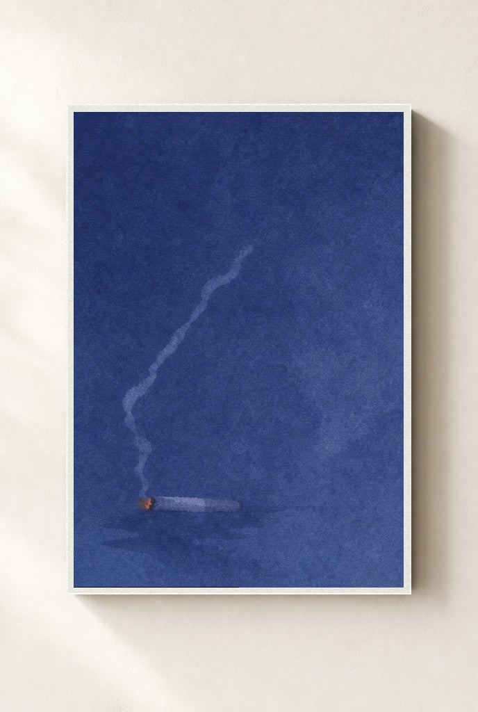 Cigarette, Midnight print, mounted in a white wood frame on a cream wall.
