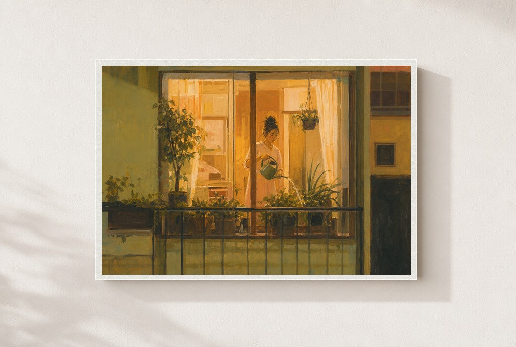 Watering at Dusk, framed close-up, white