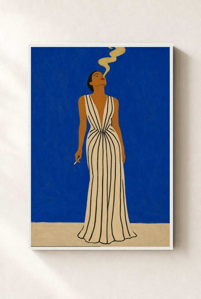 Striped Gown, Cobalt print, mounted in a white wood frame on a cream wall.