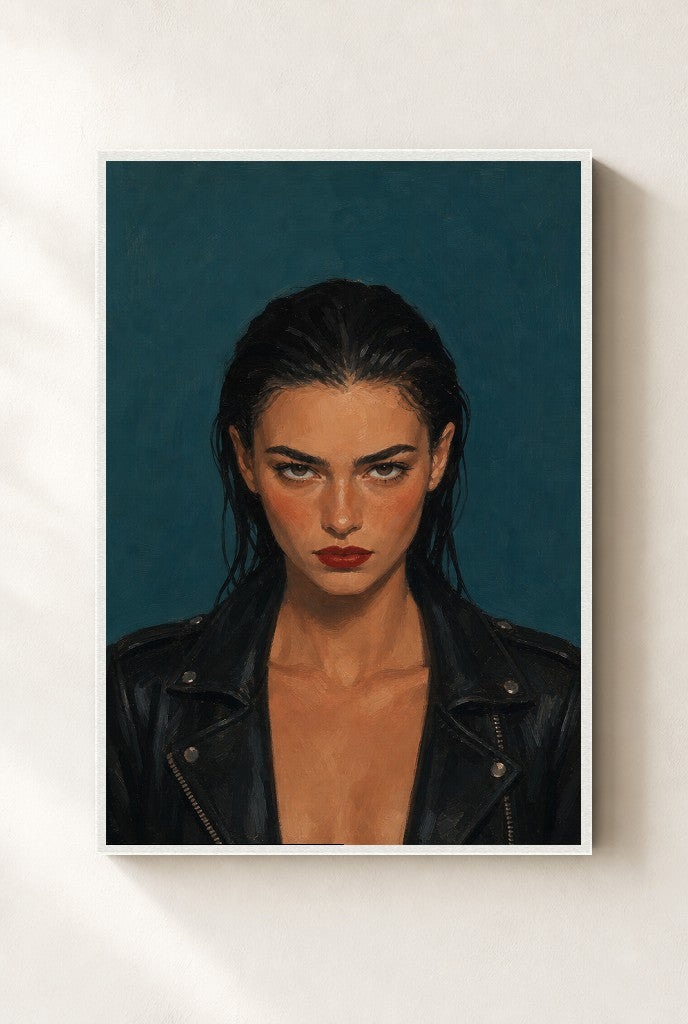 Leather Jacket, Teal print, mounted in a white wood frame on a cream wall.