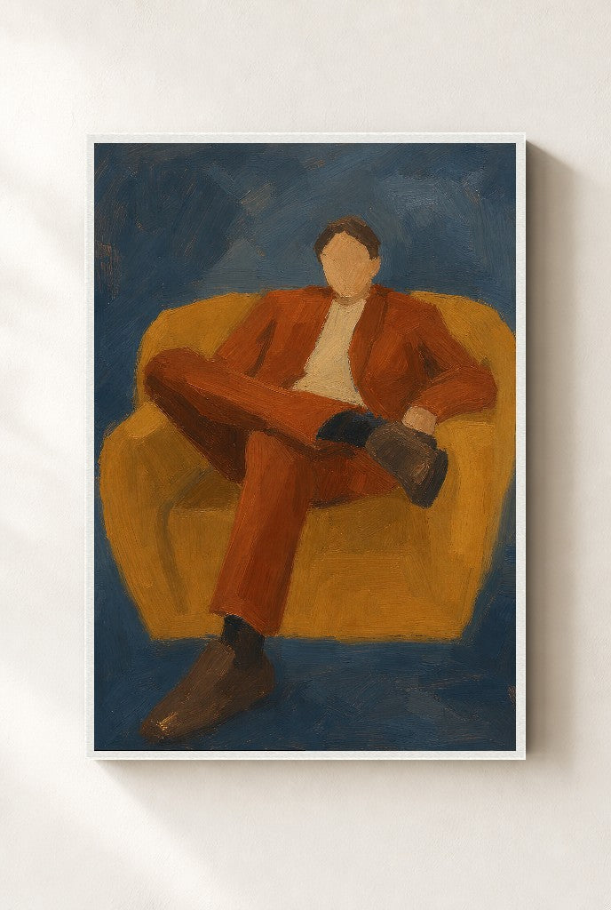 Rust Suit, Slate Wall, framed close-up, white