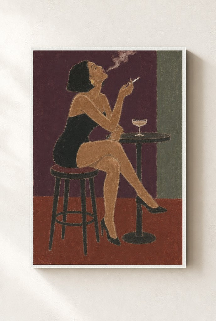 Bar Stool, Smoke print, mounted in a white wood frame on a cream wall.