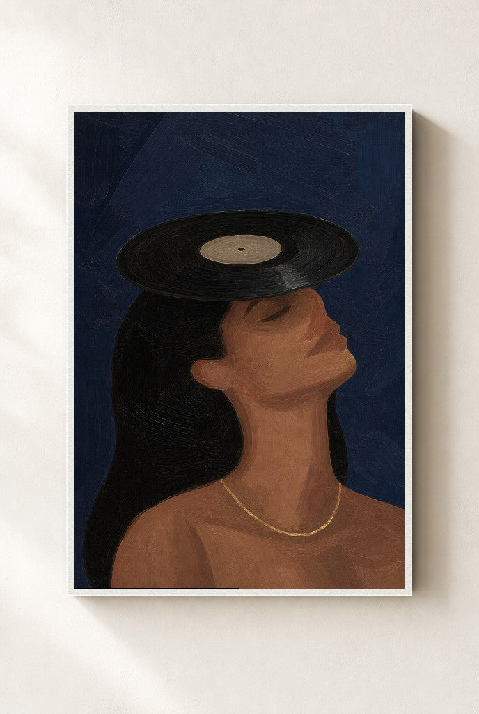 Vinyl on Her Head print, mounted in a white wood frame on a cream wall.