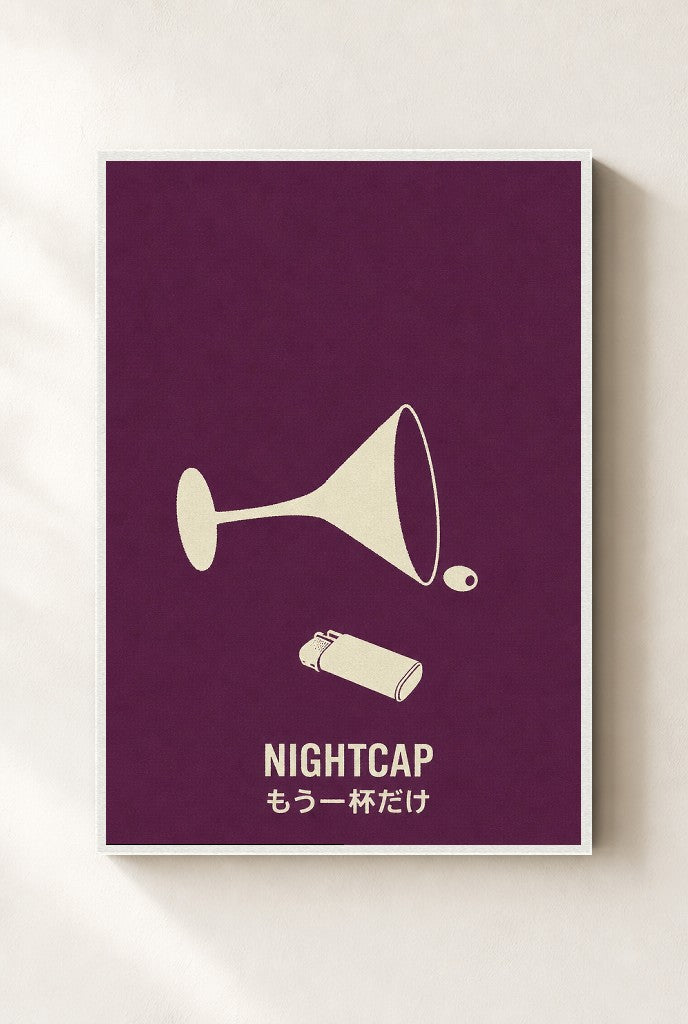 Nightcap print, mounted in a white wood frame on a cream wall.