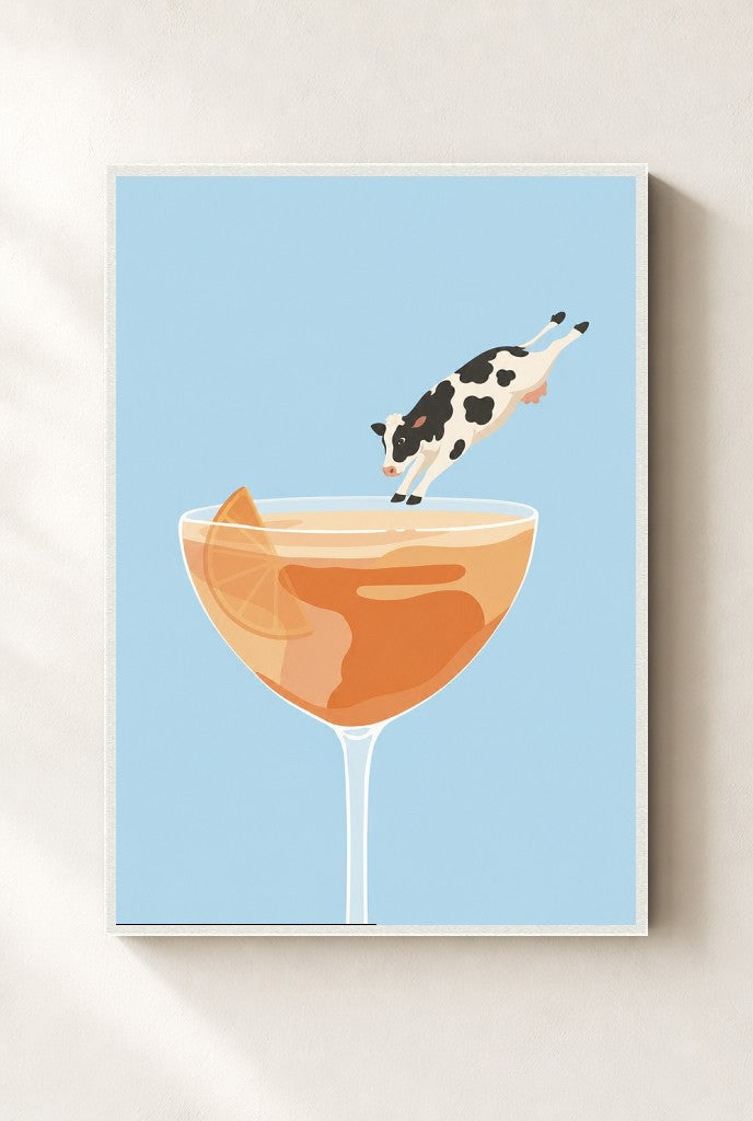 Last Call Belly Flop print, mounted in a white wood frame on a cream wall.