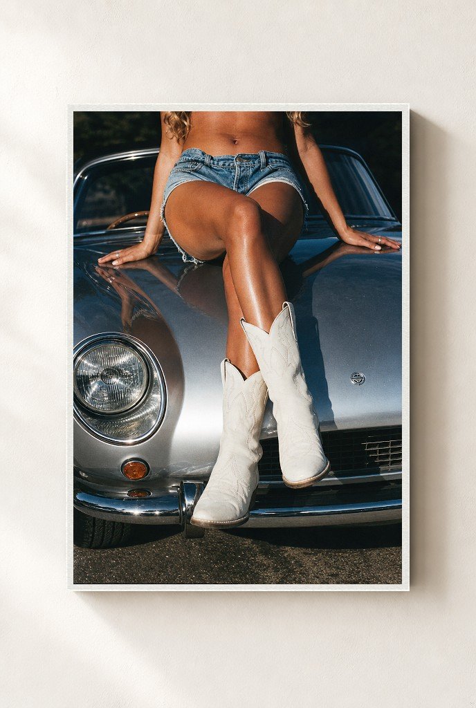 Chrome and Cowboy Boots, framed, white